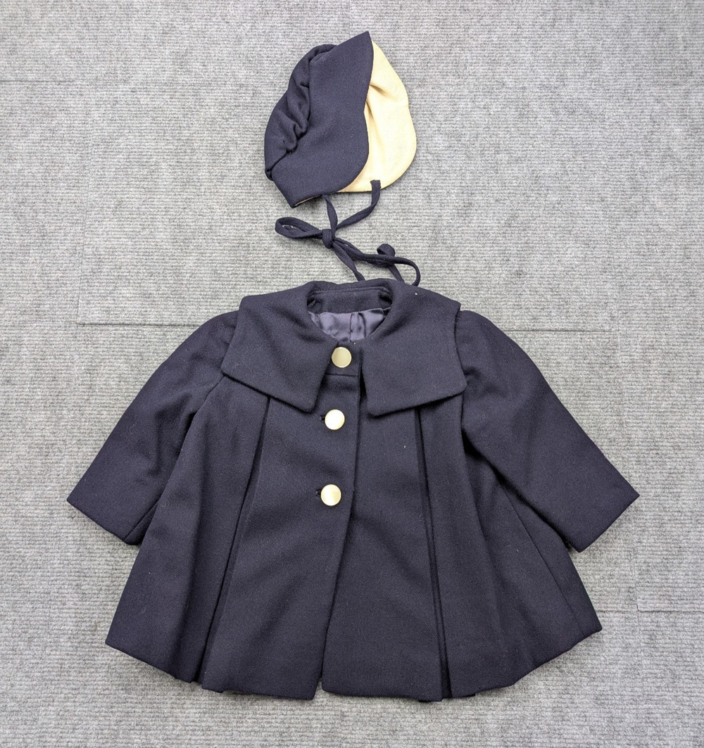 Vintage Wool Swing Coat Set Girls 4T Jacket Bonnet Big Collar 50s Mid Century